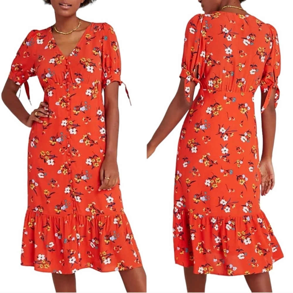 Maeve by Anthropologie Eudora Orange Floral Button Front Midi Dress Size 6 - Picture 4 of 13